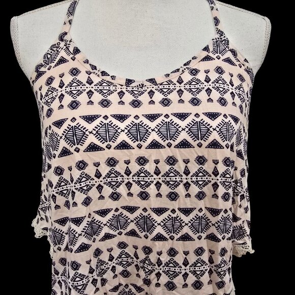 Charlotte Russe ✦ Sleeveless Boho Crop Top ✦ Navy Geometric Print & Lace Hem M - Picture 8 of 13